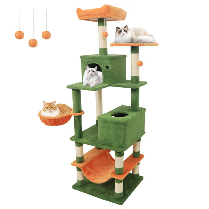66 Inch Tall Cat Tree Multi-Level Cat Tower with 2 Condos Sisal Scratching Posts-Green