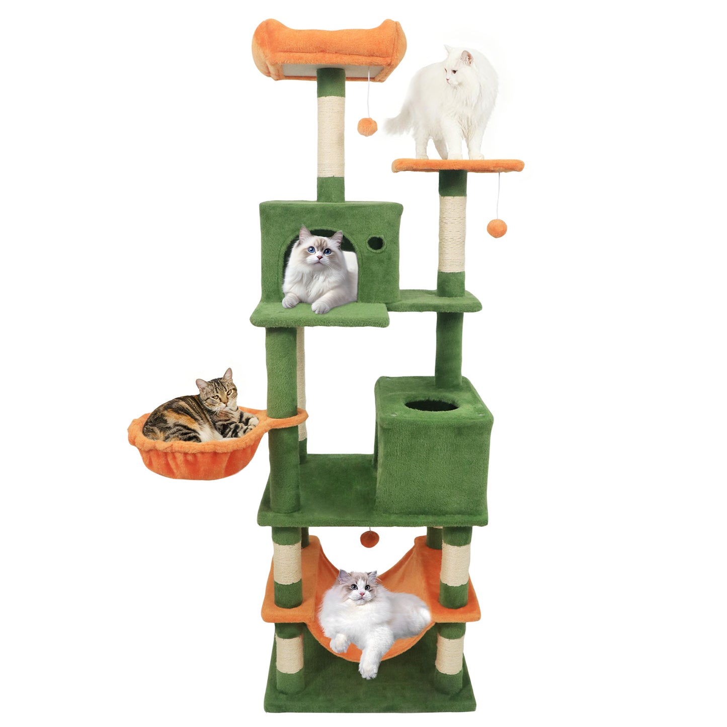 66 Inch Tall Cat Tree Multi-Level Cat Tower with 2 Condos Sisal Scratching Posts-Green