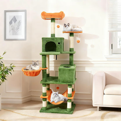 66 Inch Tall Cat Tree Multi-Level Cat Tower with 2 Condos Sisal Scratching Posts-Green