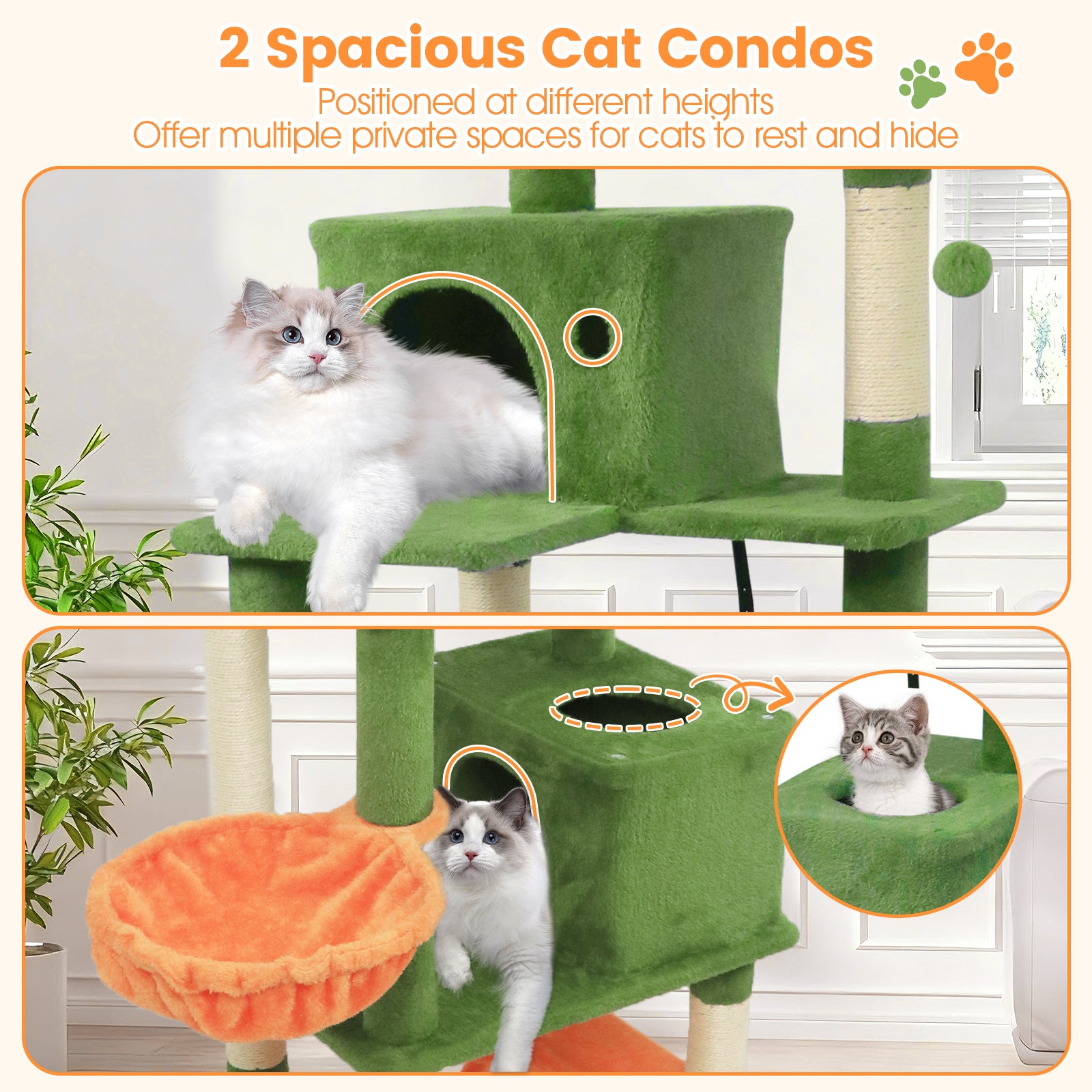 66 Inch Tall Cat Tree Multi-Level Cat Tower with 2 Condos Sisal Scratching Posts-Green