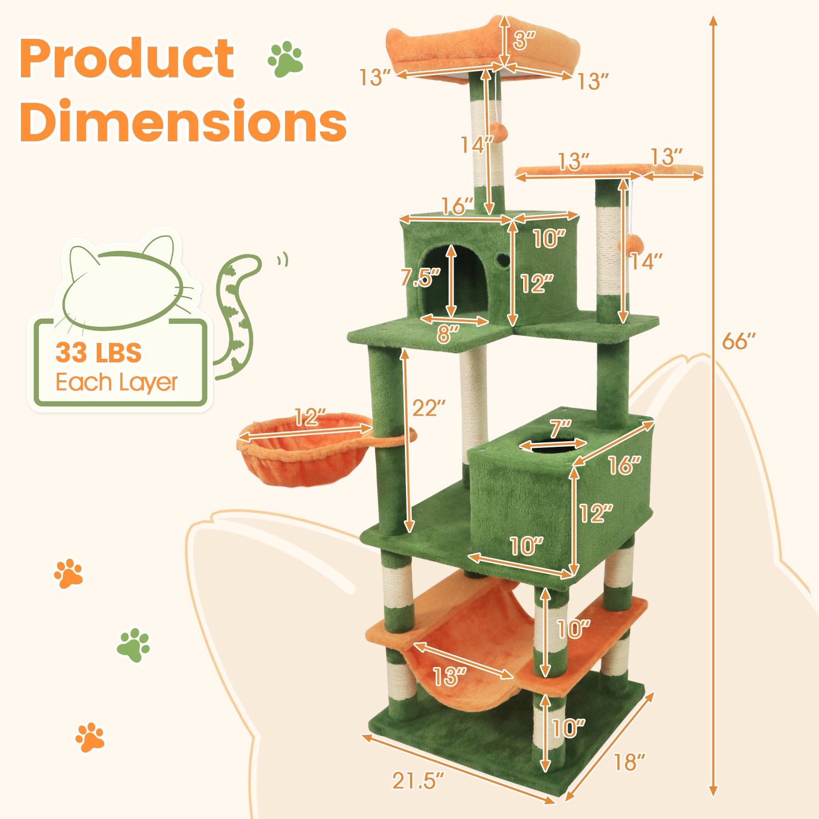 66 Inch Tall Cat Tree Multi-Level Cat Tower with 2 Condos Sisal Scratching Posts-Green