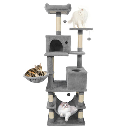 66 Inch Tall Cat Tree Multi-Level Cat Tower with 2 Condos Sisal Scratching Posts-Light Gray