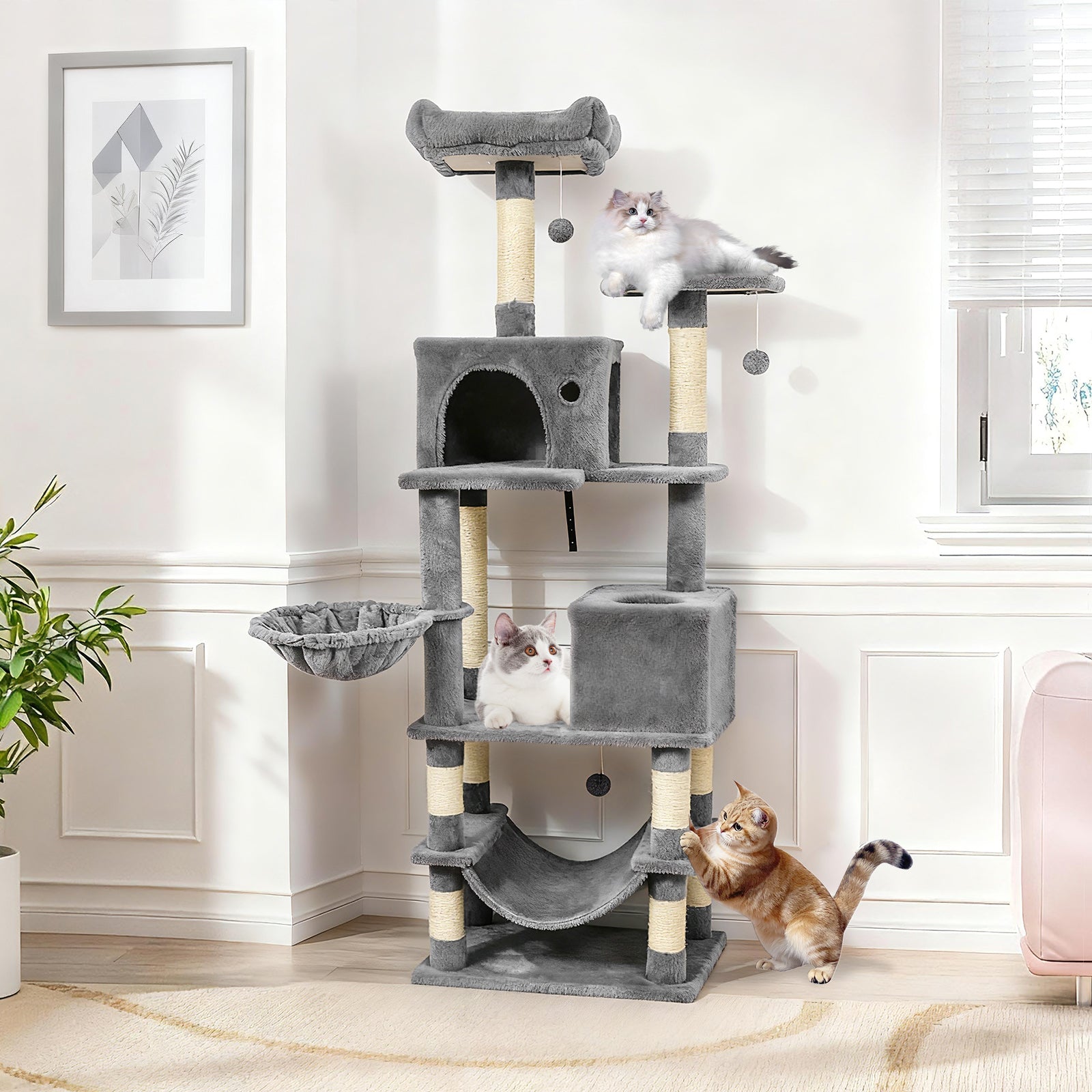66 Inch Tall Cat Tree Multi-Level Cat Tower with 2 Condos Sisal Scratching Posts-Light Gray