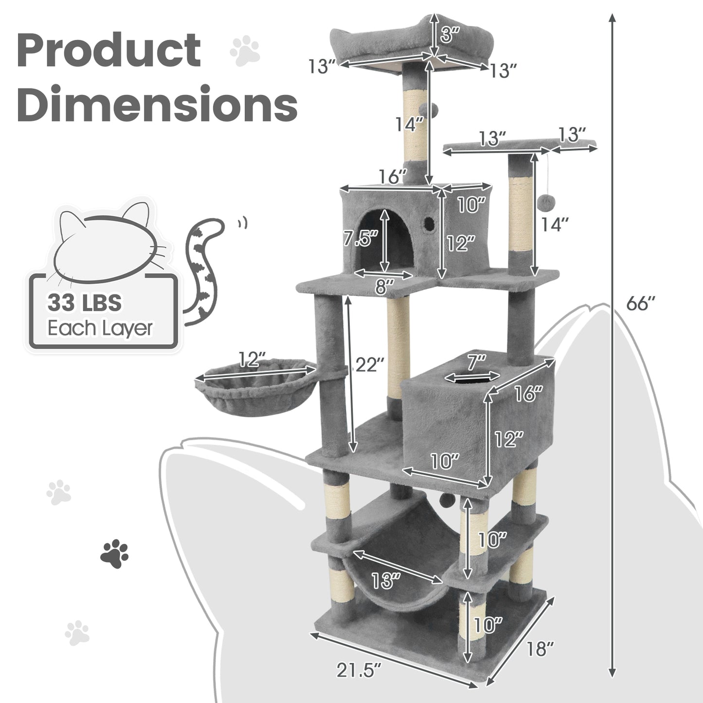 66 Inch Tall Cat Tree Multi-Level Cat Tower with 2 Condos Sisal Scratching Posts-Light Gray