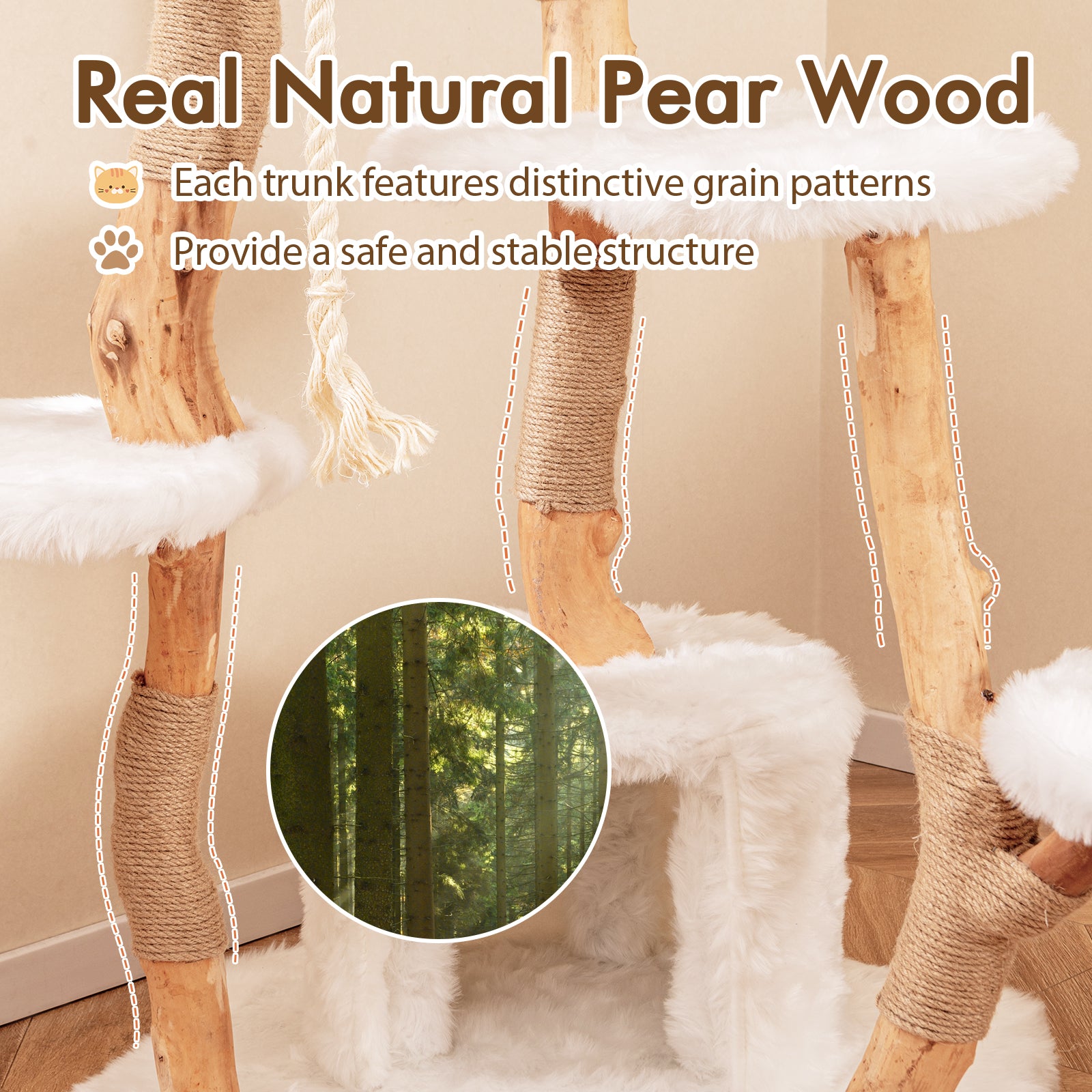 66 Inch Tall Solid Wood Cat Tree Modern Wooden Cat Tower with Perch-White
