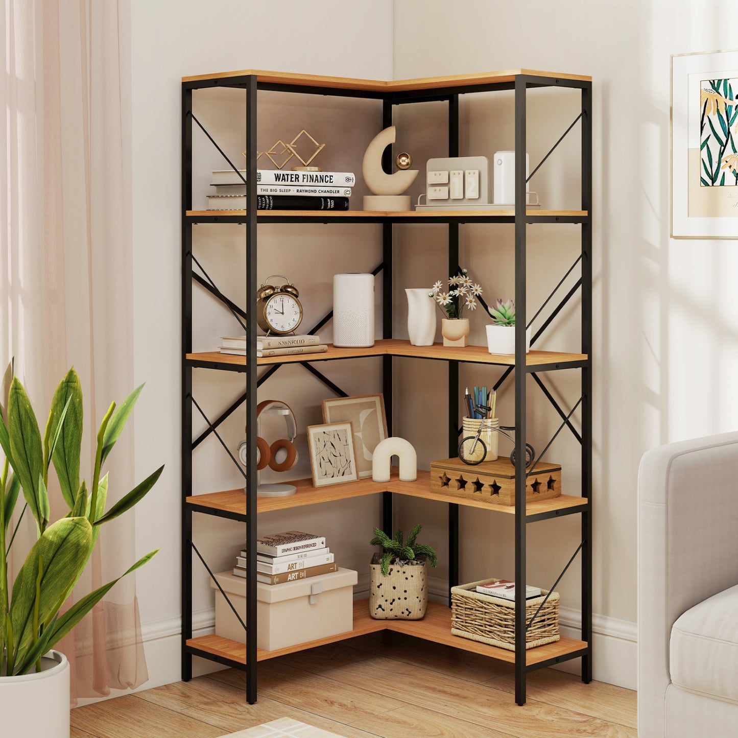 5-Tier L-Shaped Corner Bookcase with Metal Frame, 66" Tall