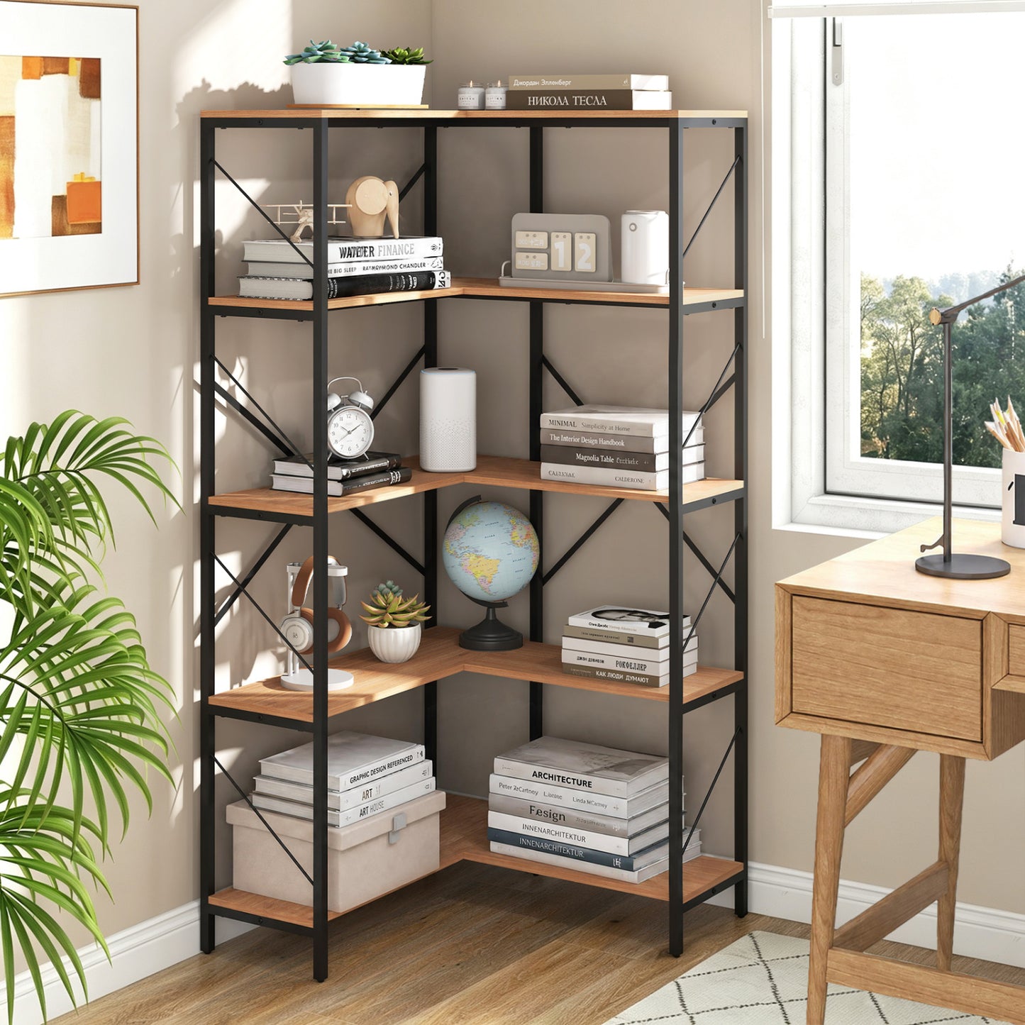 5-Tier L-Shaped Corner Bookcase with Metal Frame, 66" Tall