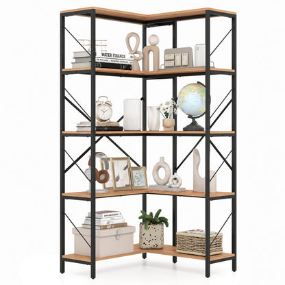 5-Tier L-Shaped Corner Bookcase with Metal Frame, 66" Tall