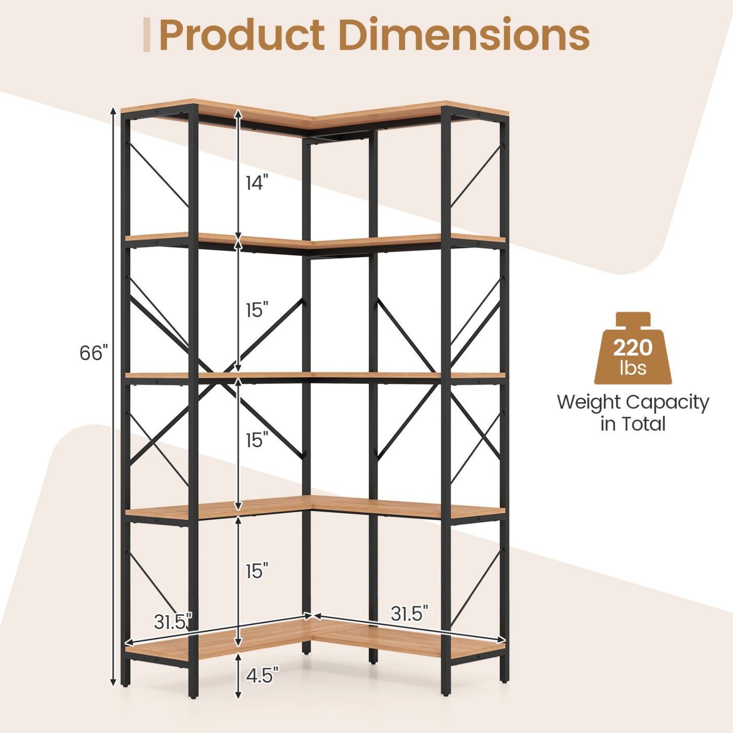 5-Tier L-Shaped Corner Bookcase with Metal Frame, 66" Tall