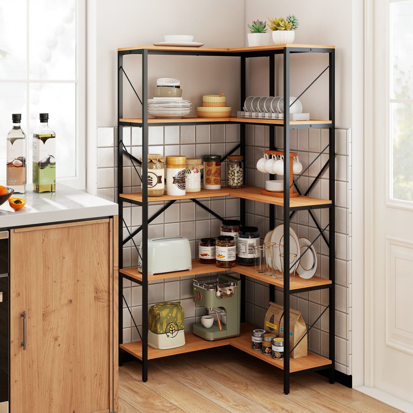 5-Tier L-Shaped Corner Bookcase with Metal Frame, 66" Tall