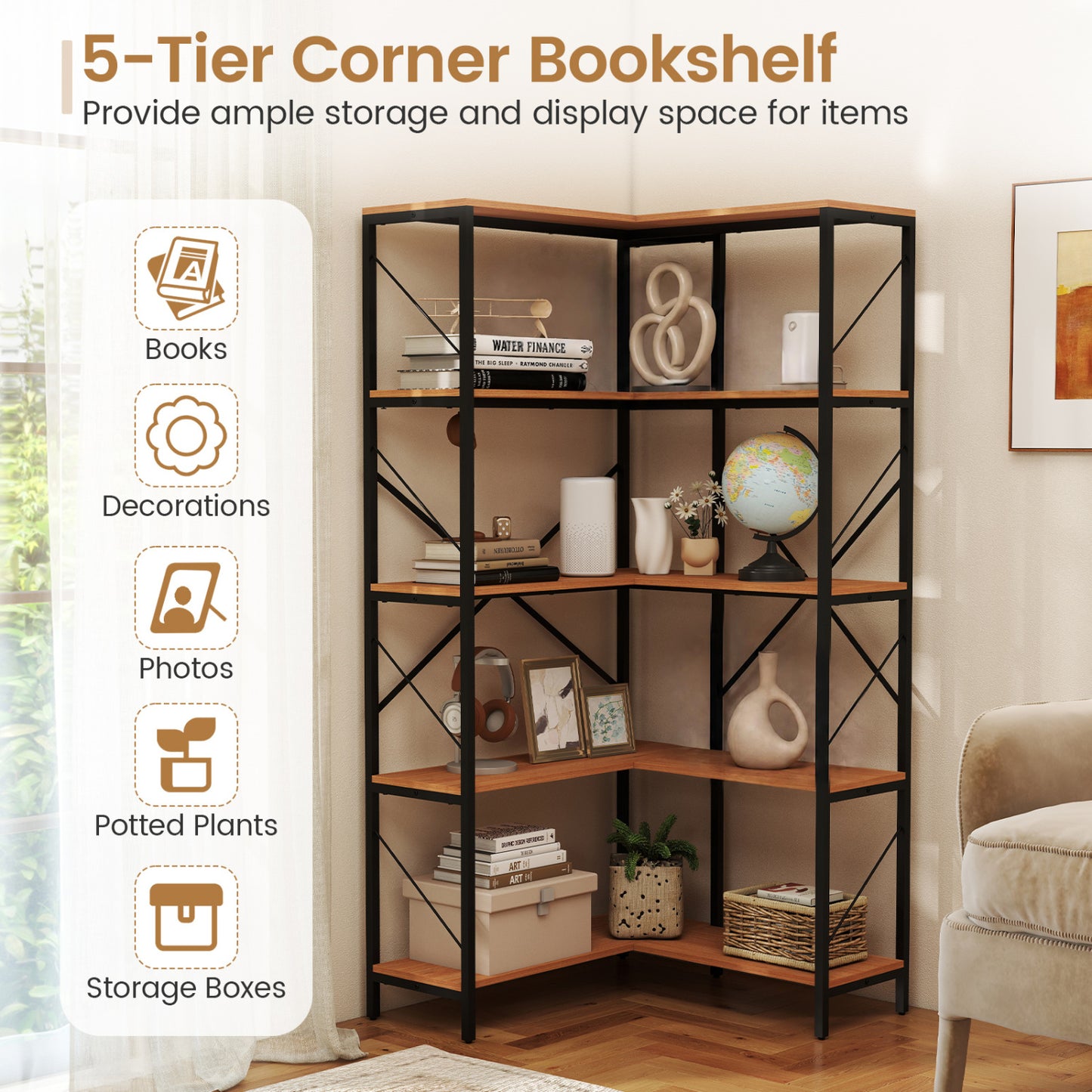 5-Tier L-Shaped Corner Bookcase with Metal Frame, 66" Tall
