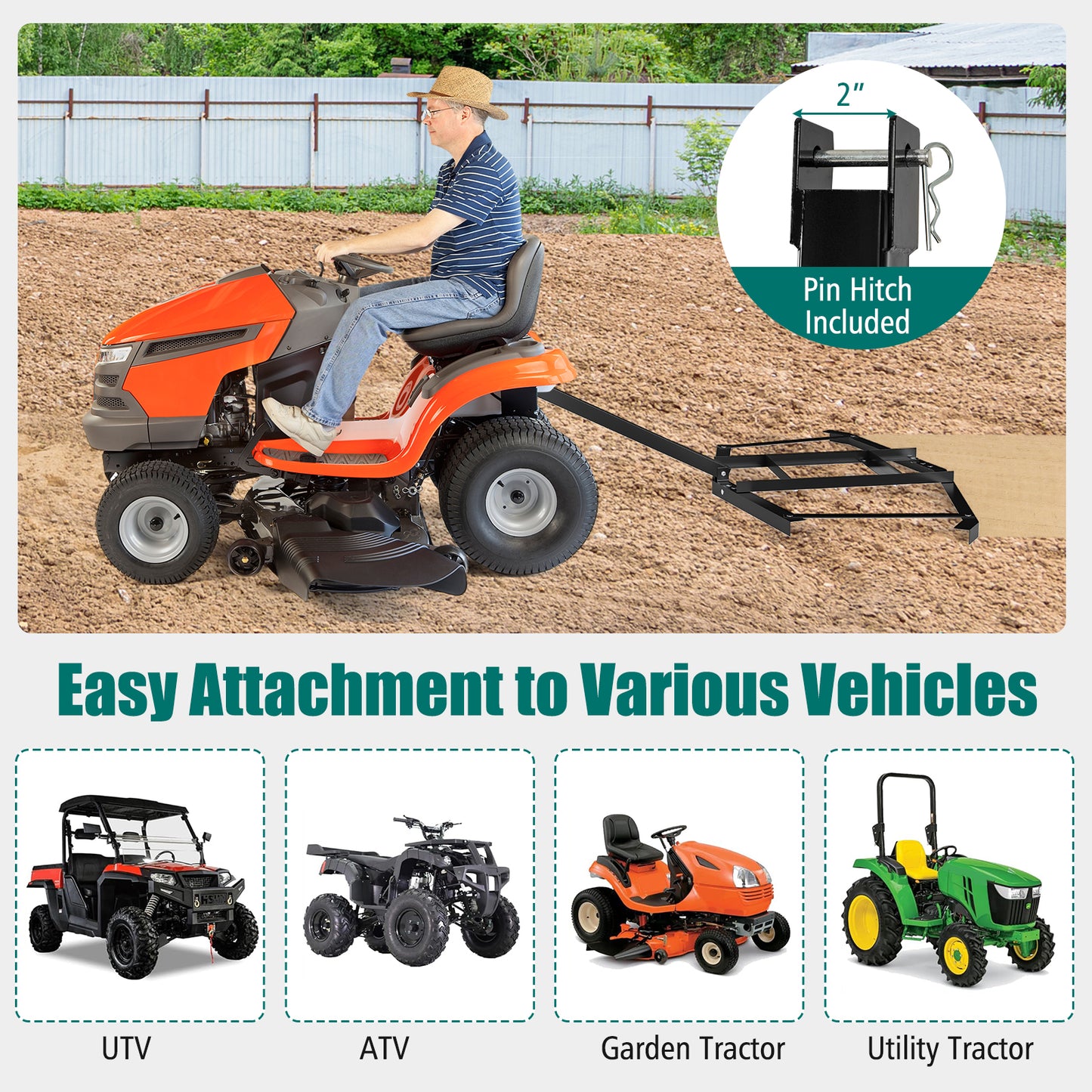 66" Wide Driveway Drag Tow Behind Landscape Leveling Rake with Reinforced Bars-Black