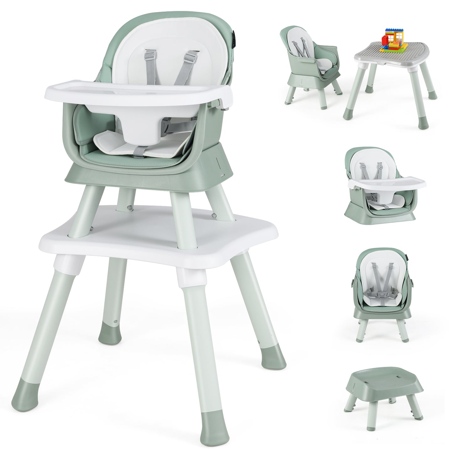 6-in-1 Convertible Baby High Chair with Adjustable Removable Tray-Black - Green