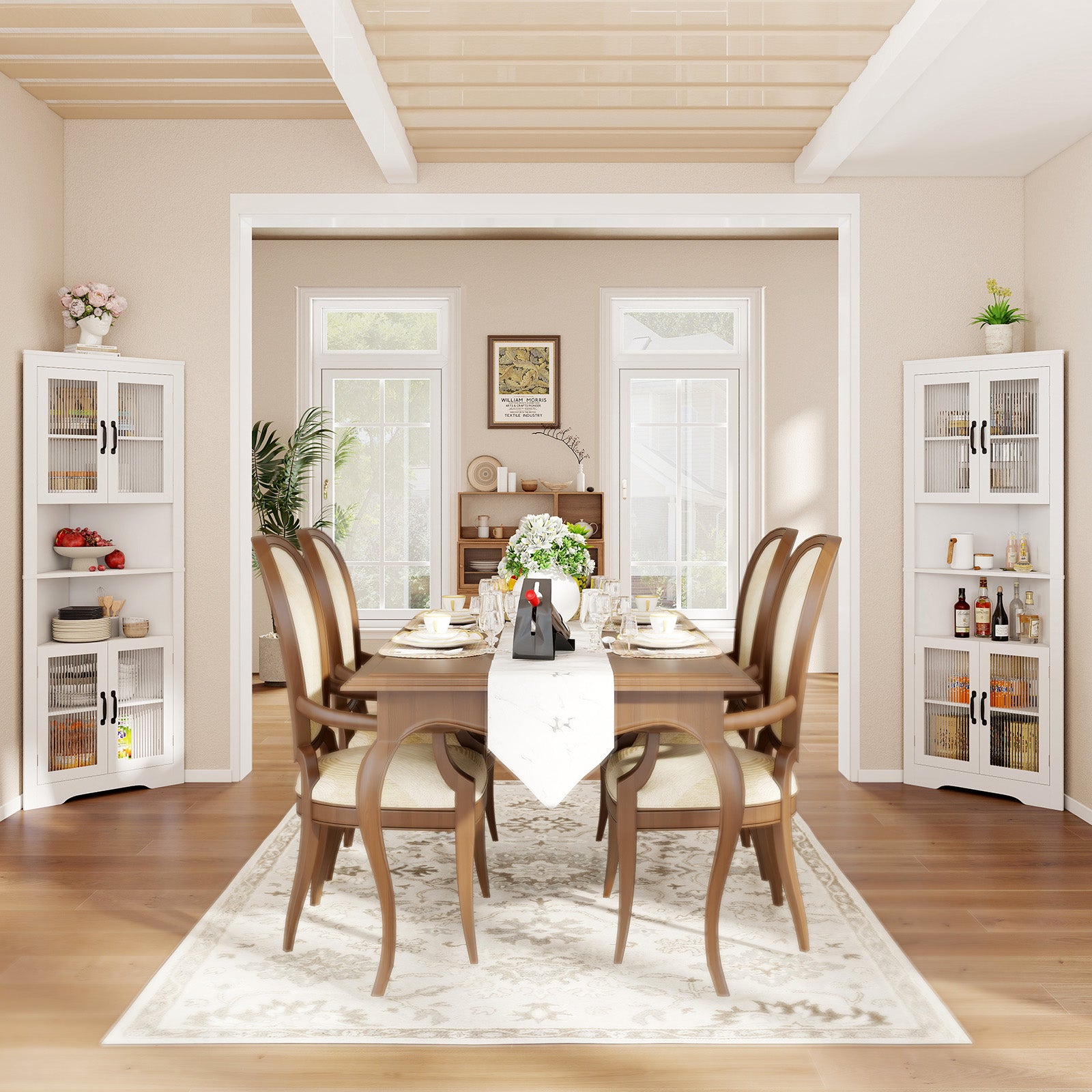 67 Inch Tall Corner Cabinet Triangular Buffet Cabinet with Tempered Glass Doors-White
