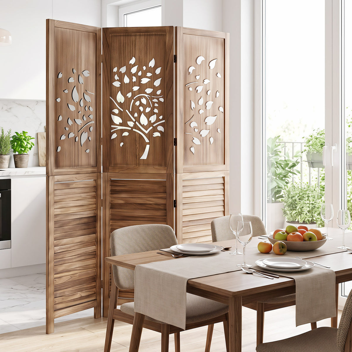 3-Panel Folding Room Divider with Tree Cutout Design, 67" Tall