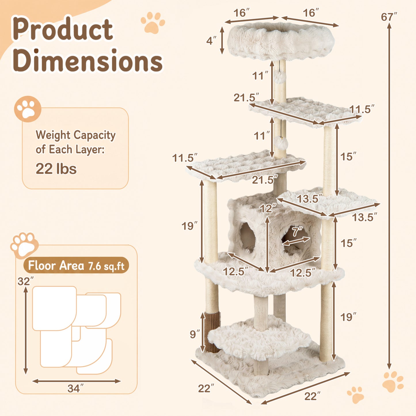 Multi-Level Cat Tree 67 Inch with Condo and Perch