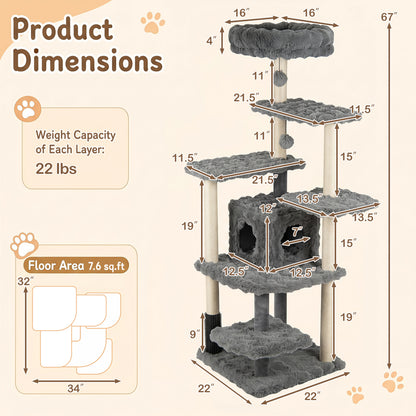 Multi-Level Cat Tree 67 Inch with Condo and Perch