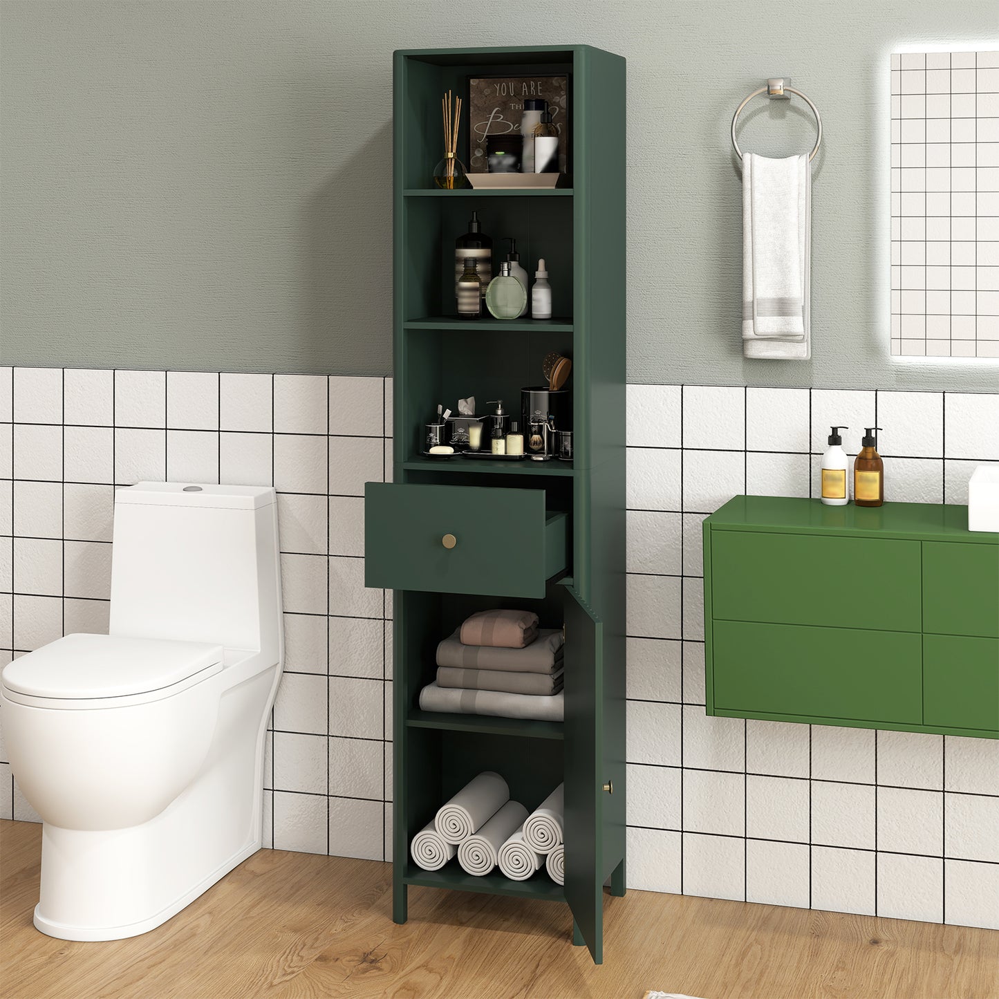 67 Inch Tall Bathroom Cabinet Narrow Floor Cabinet with Fluted Door-Green