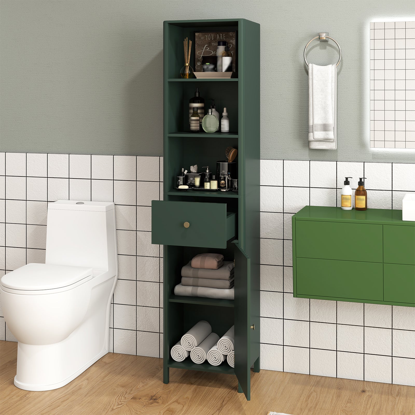 67 Inch Tall Bathroom Cabinet Narrow Floor Cabinet with Fluted Door-Green