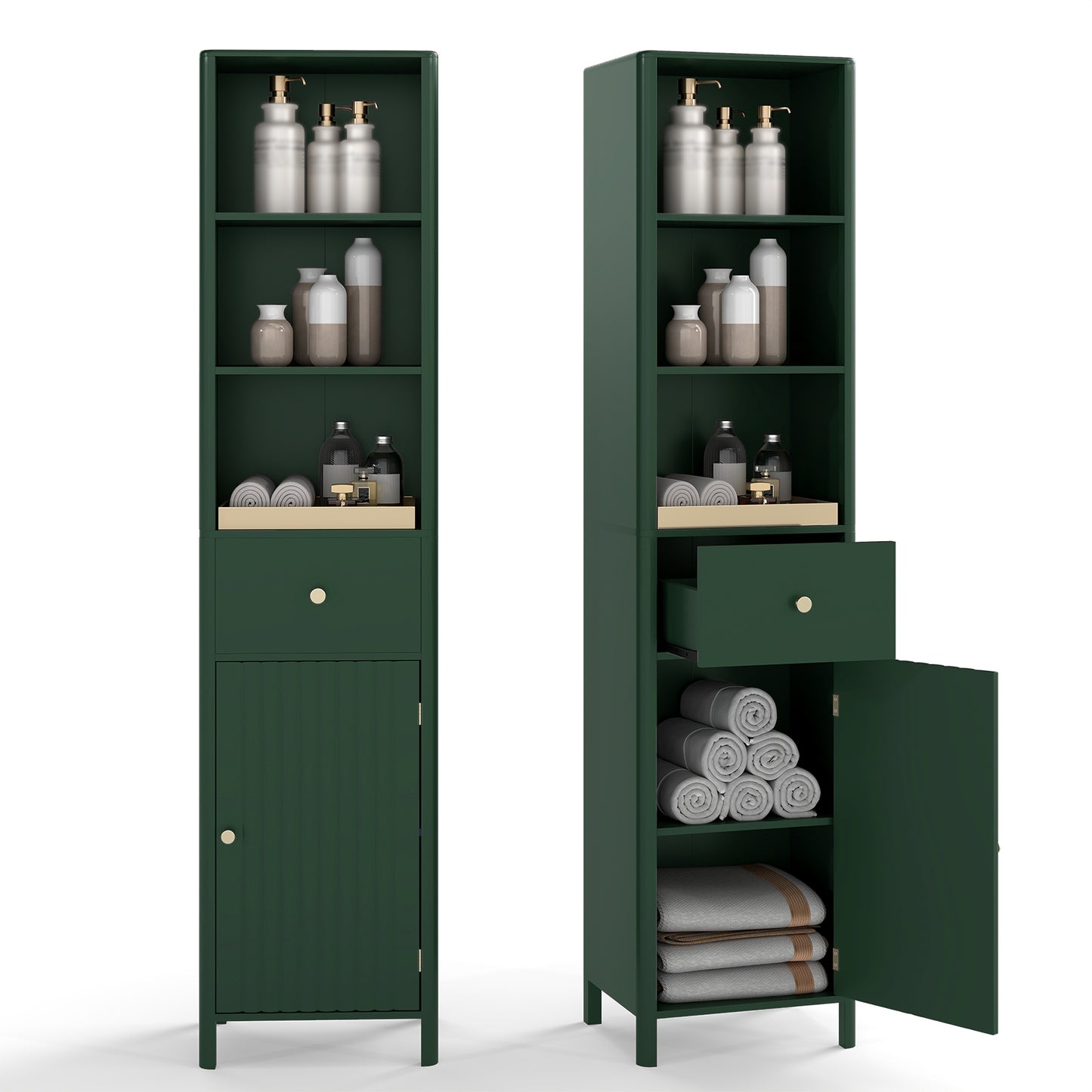 67 Inch Tall Bathroom Cabinet Narrow Floor Cabinet with Fluted Door-Green