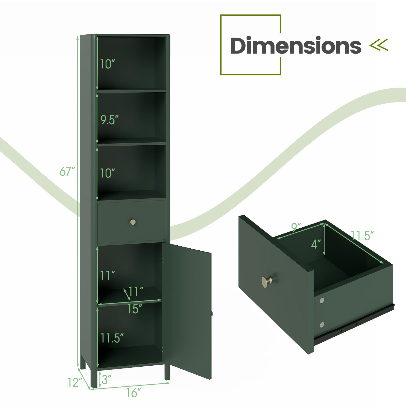 67 Inch Tall Bathroom Cabinet Narrow Floor Cabinet with Fluted Door-Green