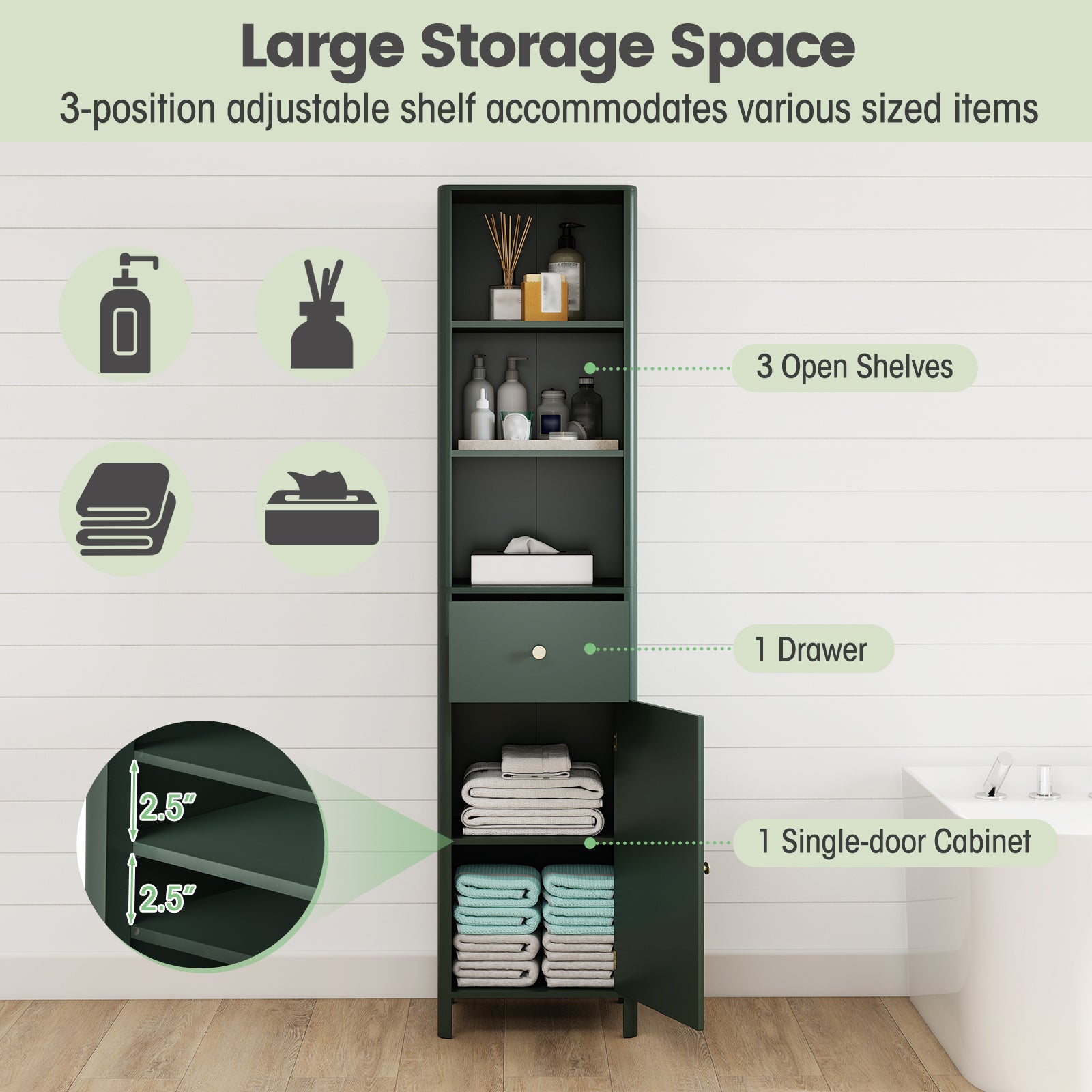 67 Inch Tall Bathroom Cabinet Narrow Floor Cabinet with Fluted Door-Green