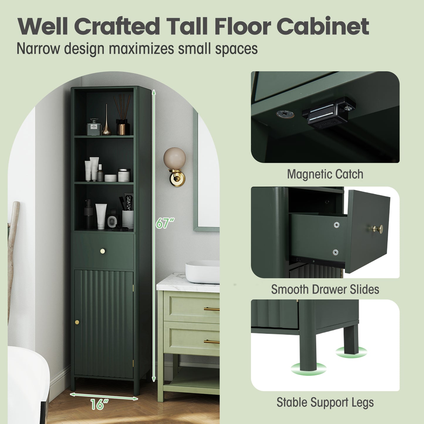 67 Inch Tall Bathroom Cabinet Narrow Floor Cabinet with Fluted Door-Green