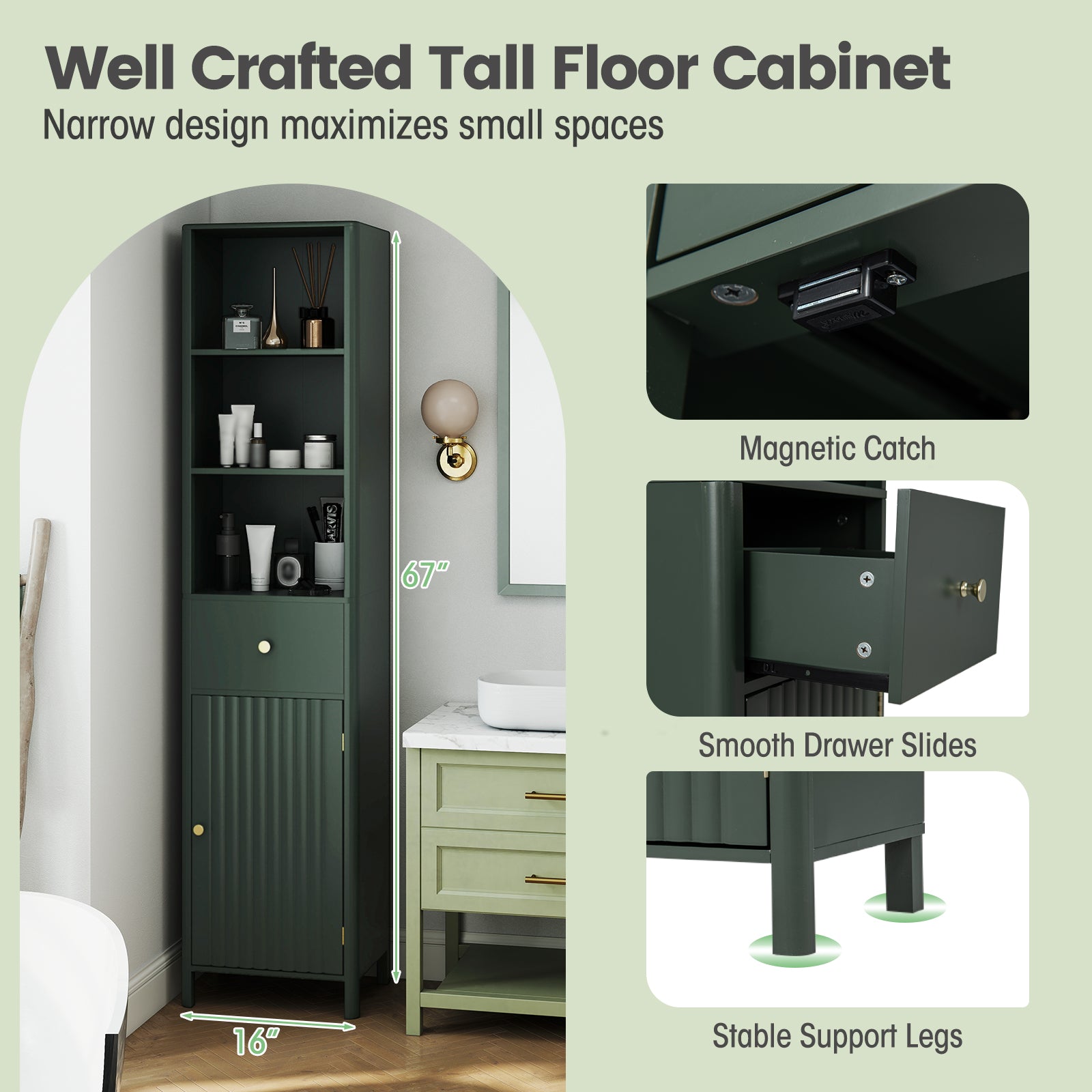 67 Inch Tall Bathroom Cabinet Narrow Floor Cabinet with Fluted Door-Green
