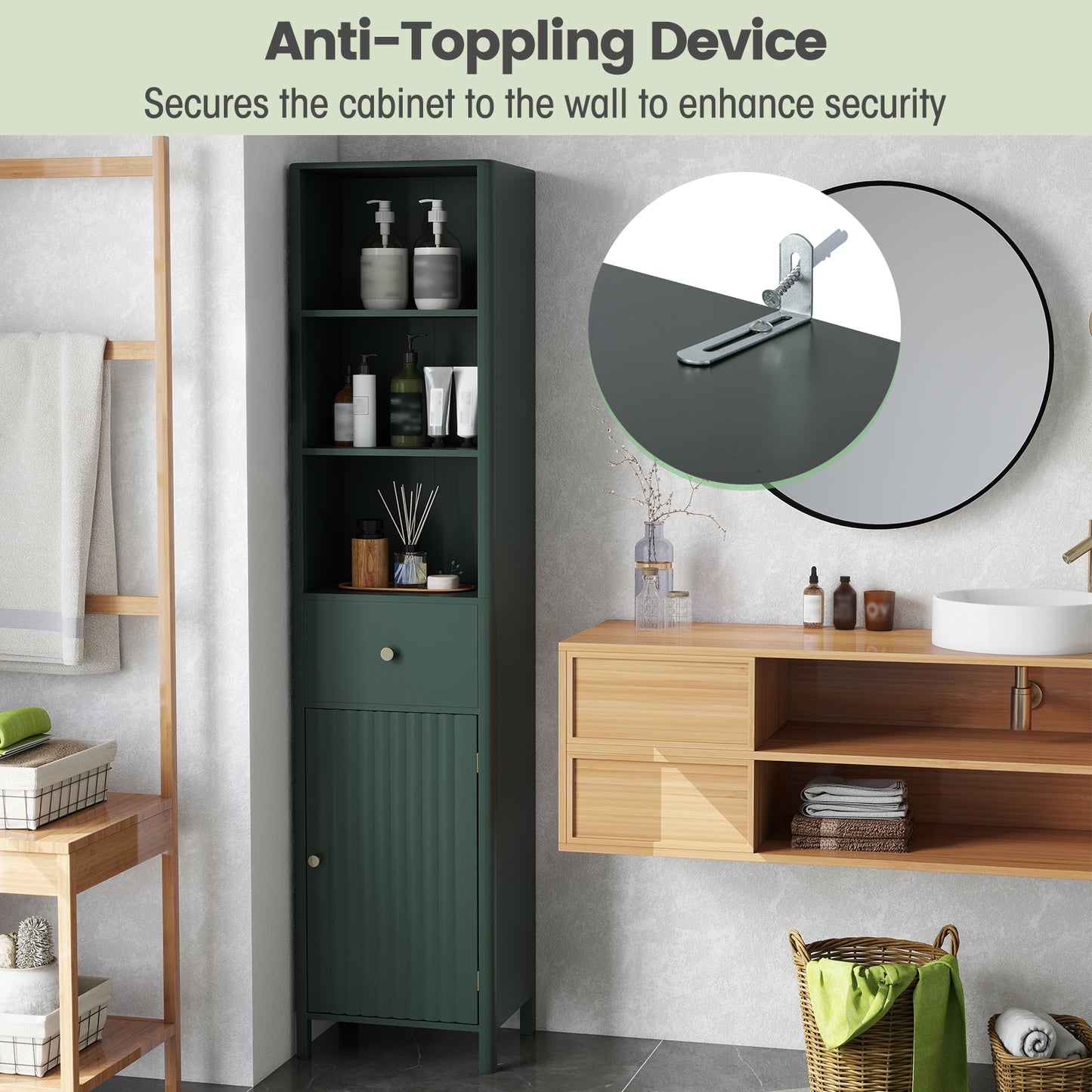 67 Inch Tall Bathroom Cabinet Narrow Floor Cabinet with Fluted Door-Green