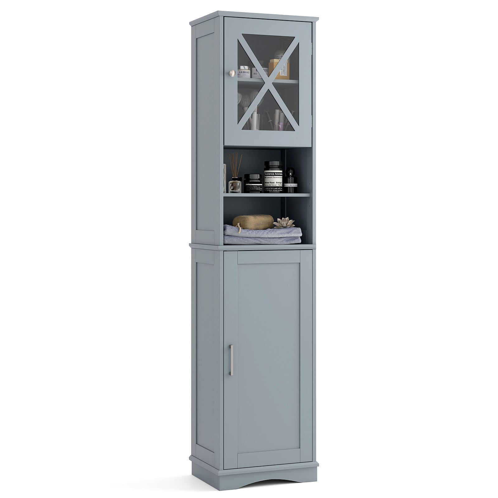 67 Inch Tall Bathroom Cabinet Freestanding Storage Cabinet with 5 Adjustable Shelves-White - Gray