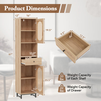 67 Inch Tall Bathroom Cabinet PE Rattan Floor Cabinet with 2 Doors-Natural