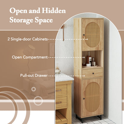 67 Inch Tall Bathroom Cabinet PE Rattan Floor Cabinet with 2 Doors-Natural