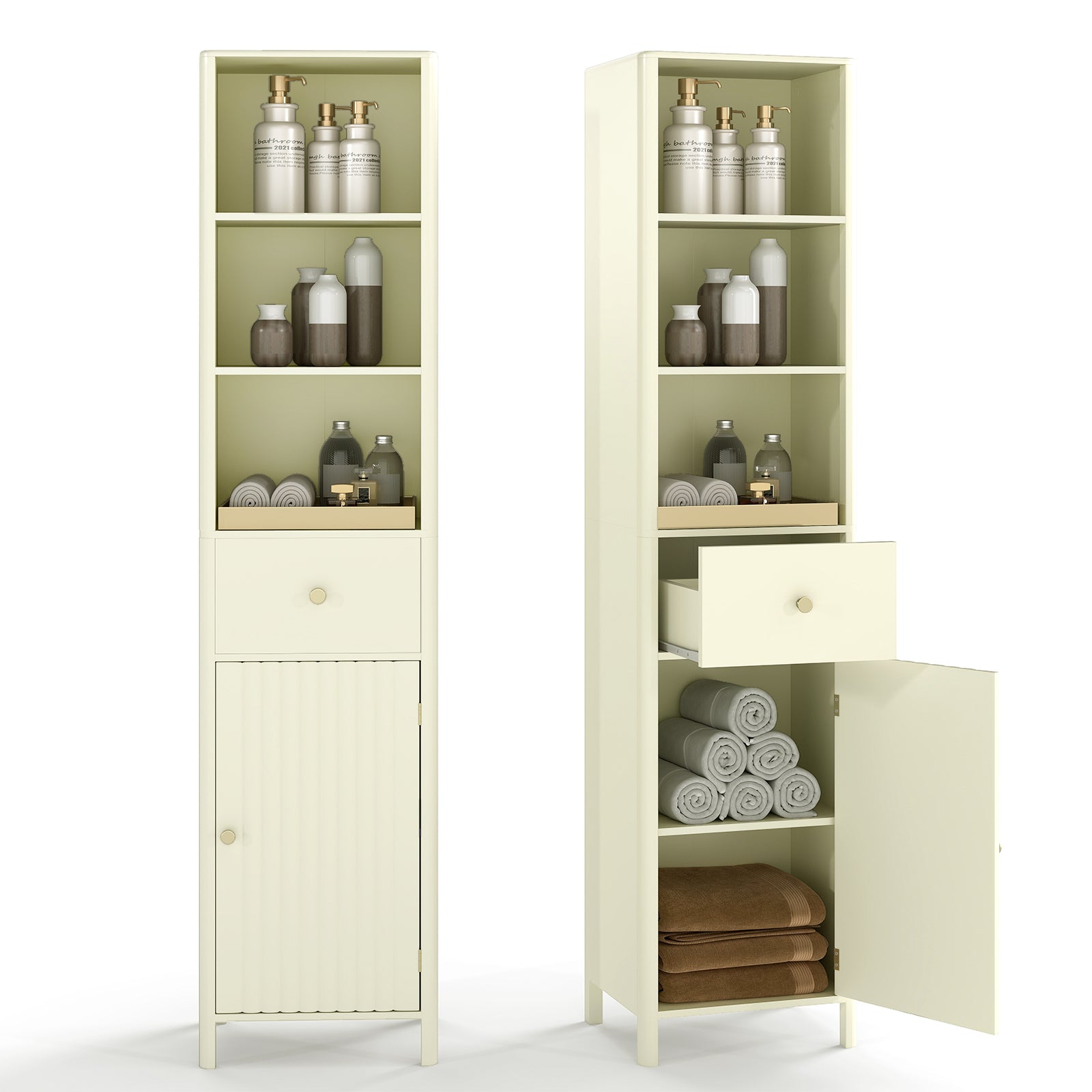 67 Inch Tall Bathroom Cabinet Narrow Floor Cabinet with Fluted Door-Beige