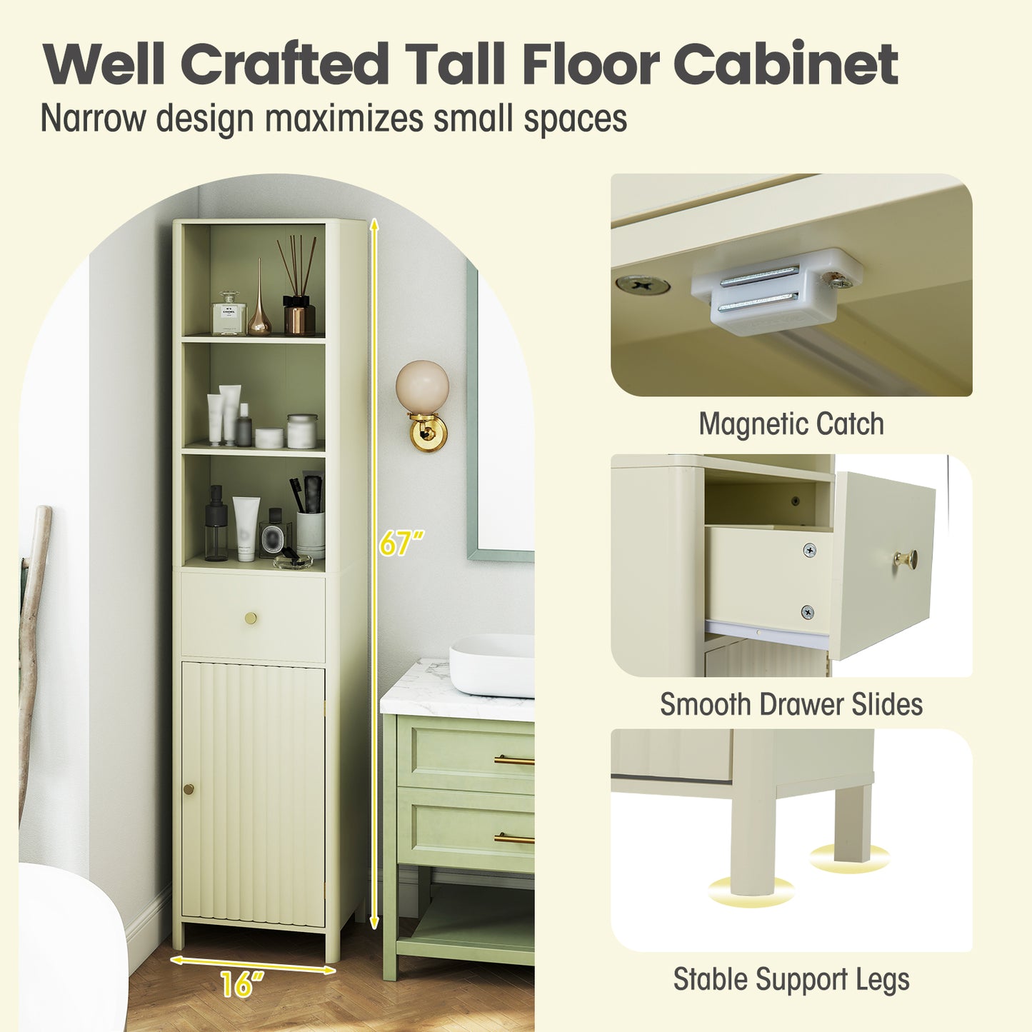 67 Inch Tall Bathroom Cabinet Narrow Floor Cabinet with Fluted Door-Beige