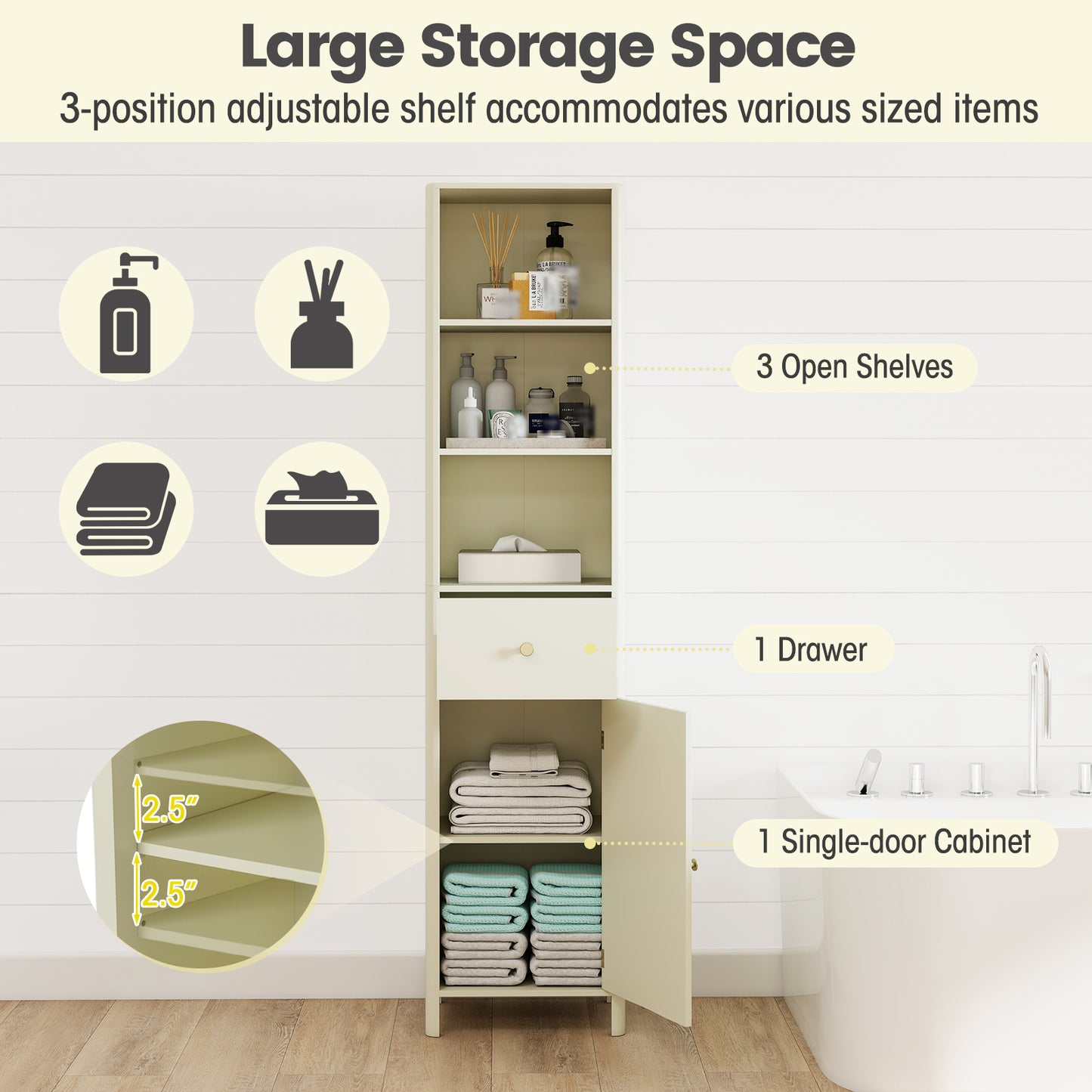 67 Inch Tall Bathroom Cabinet Narrow Floor Cabinet with Fluted Door-Beige