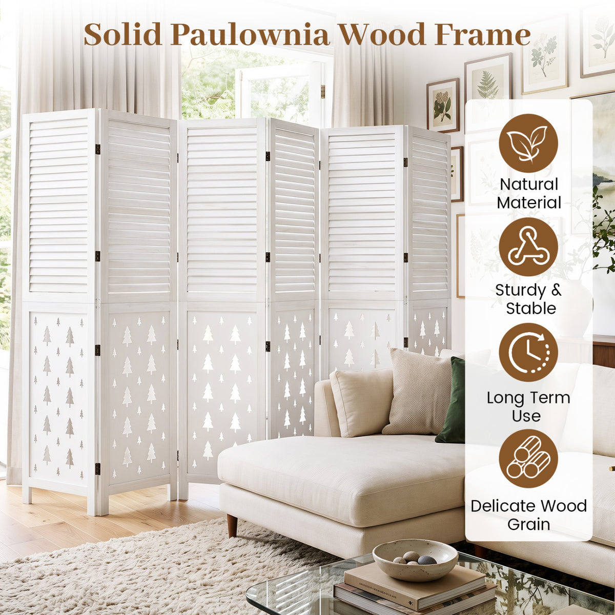 6-Panel Wood Room Divider with Tree Pattern - 67" Tall