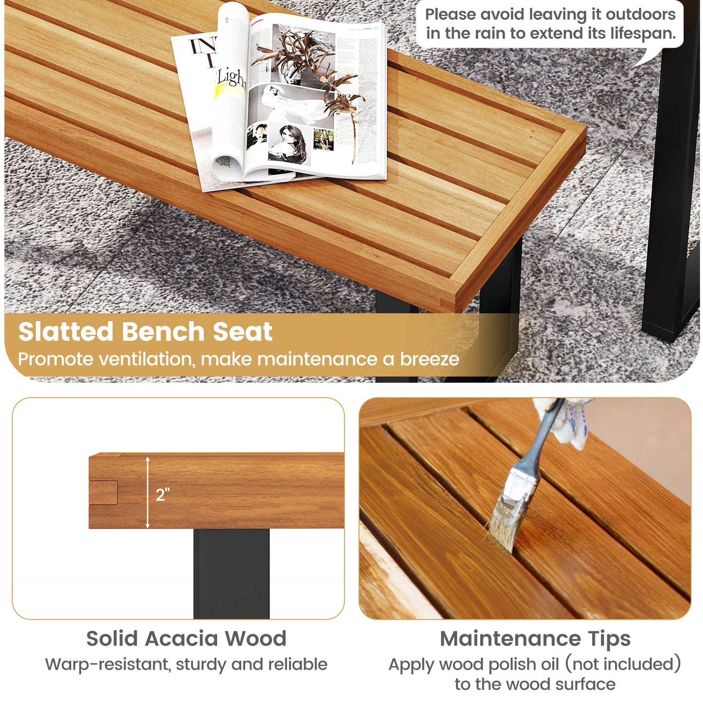 Acacia Wood Outdoor Bench 48 Inch Long Patio Dining Bench-1 Piece