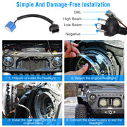 2Pcs 7In 75W Round LED Headlight 3500LM Halo Car Headlamp with DRL High Low Beam for Jeep Wrangler TJ JK CJ with H4 to H13 Adapters Plug and Play