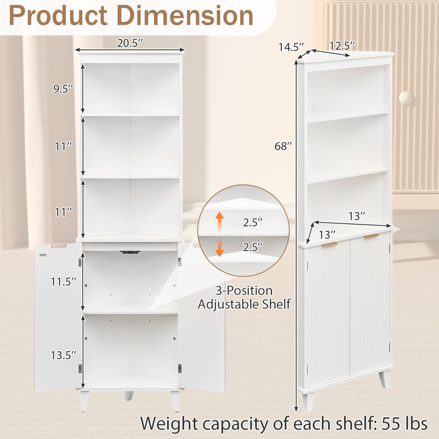 68 Inch Tall Bathroom Floor Storage Cabinet with Fluted Doors