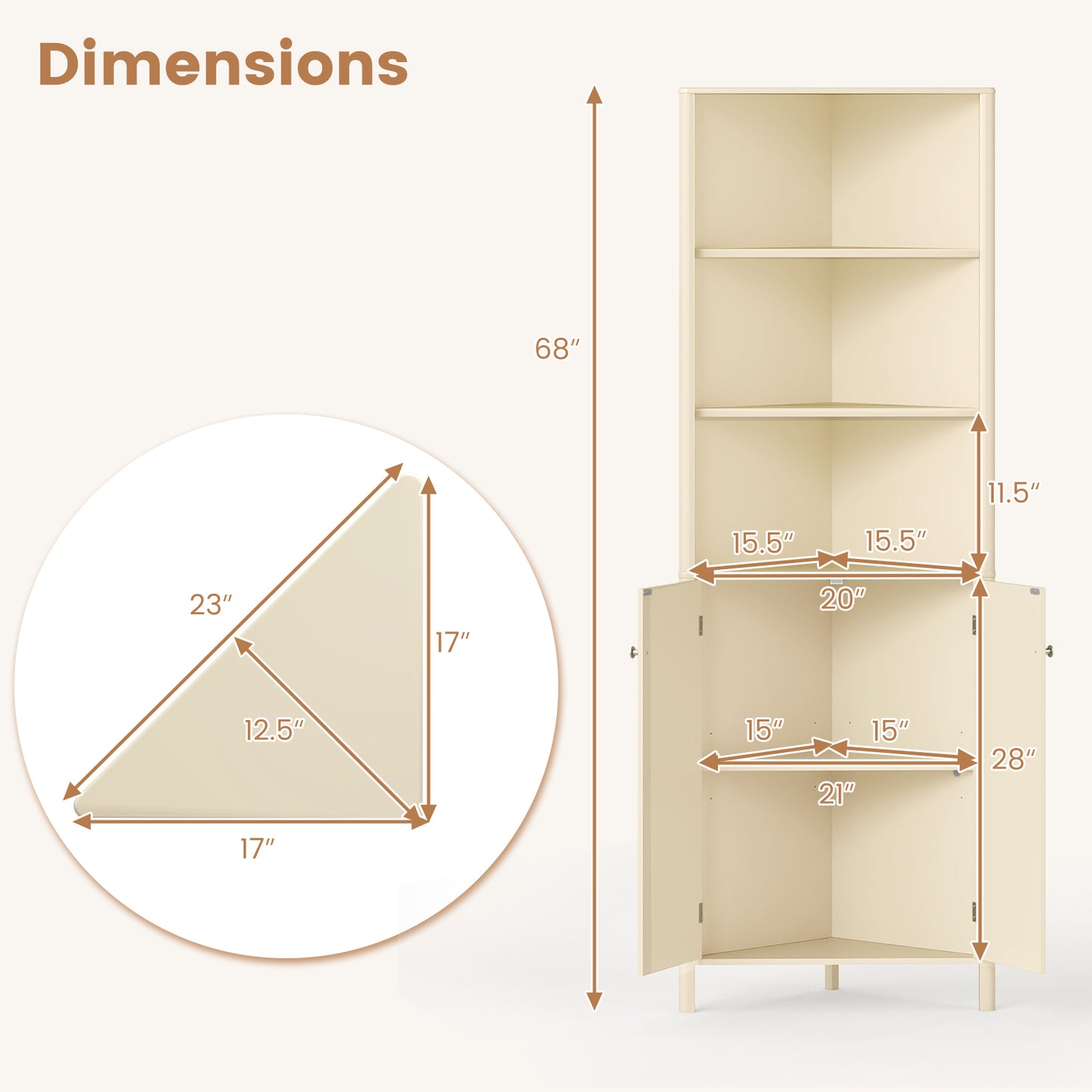 68 Inch Tall Corner Cabinet with 5 Shelves and 2 Fluted Doors for Bathroom-Beige