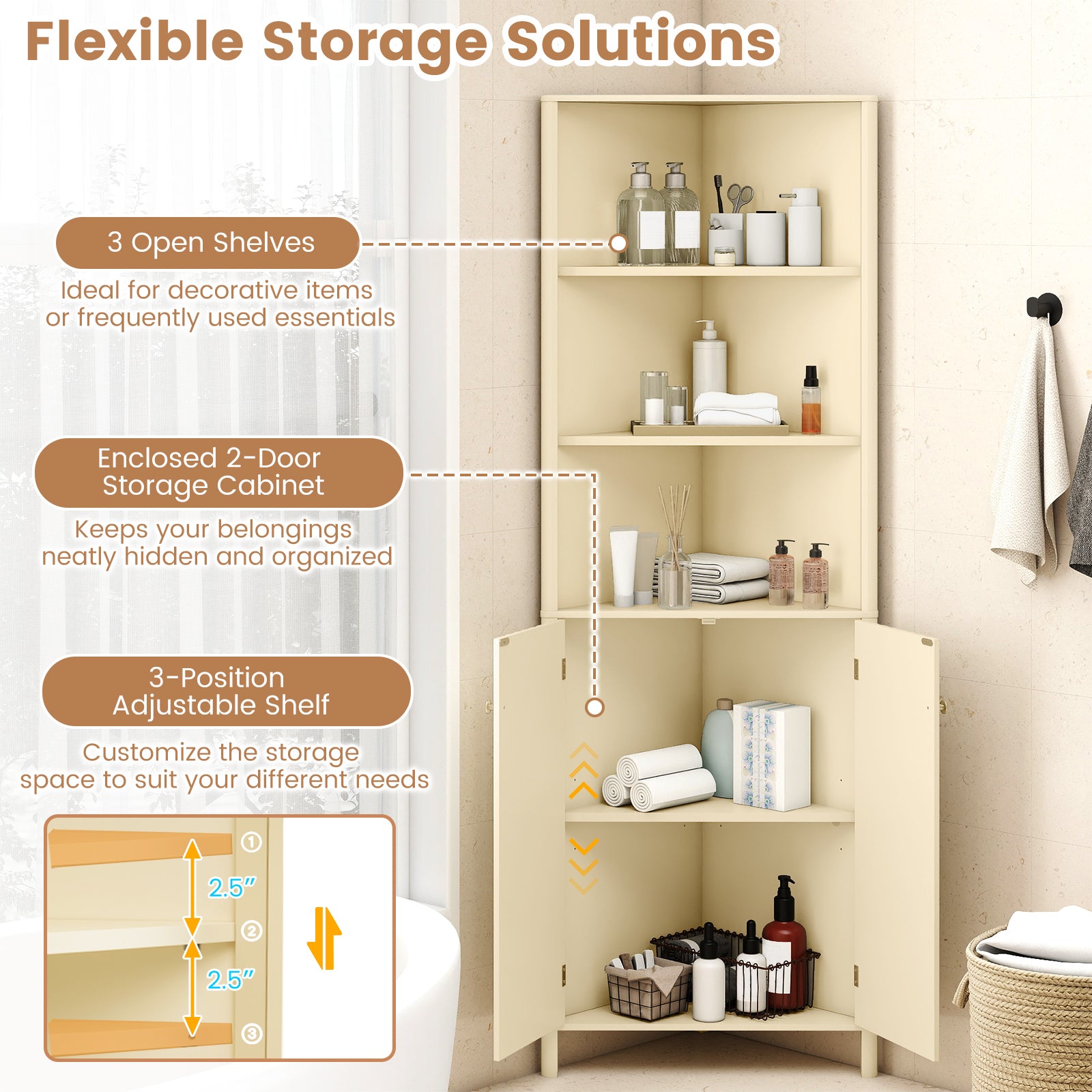 68 Inch Tall Corner Cabinet with 5 Shelves and 2 Fluted Doors for Bathroom-Beige
