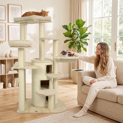 68 Inch Wooden Cat Tree with 3-Story Condo and Hammock for Kittens