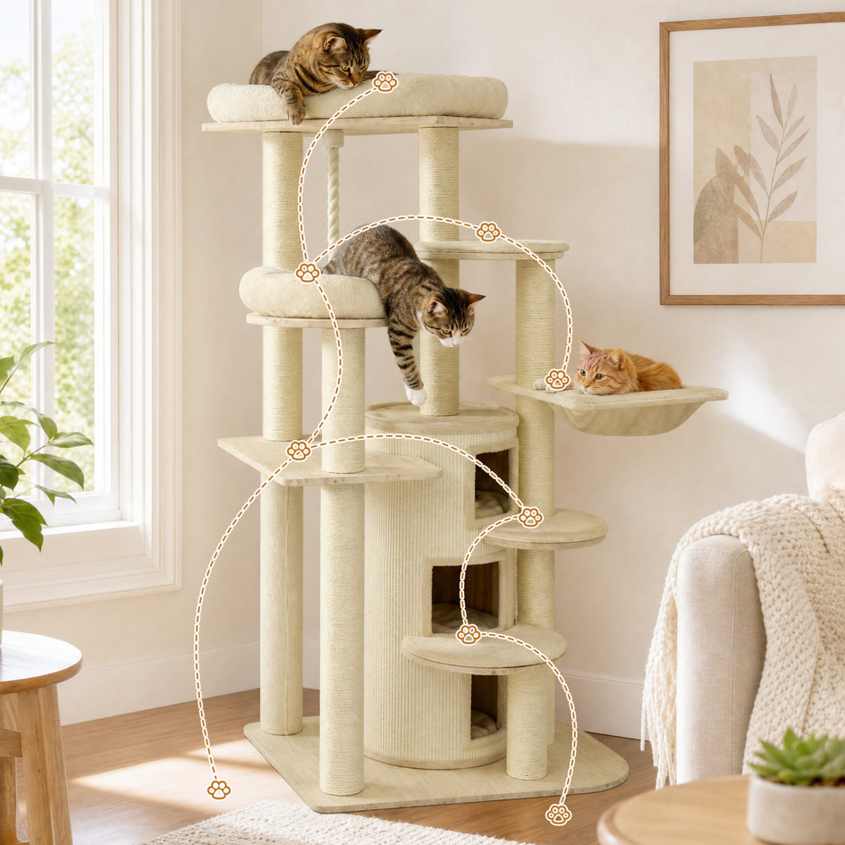 68 Inch Wooden Cat Tree with 3-Story Condo and Hammock for Kittens