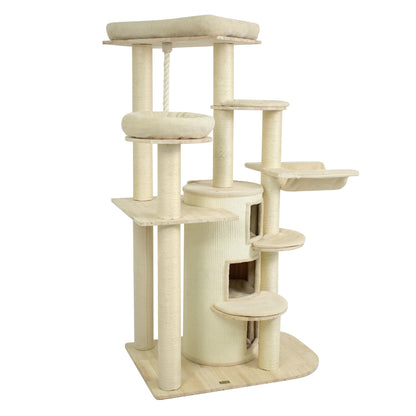 68 Inch Wooden Cat Tree with 3-Story Condo and Hammock for Kittens