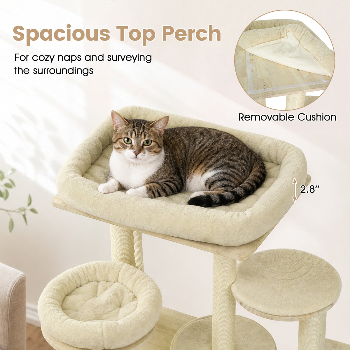 68 Inch Wooden Cat Tree with 3-Story Condo and Hammock for Kittens