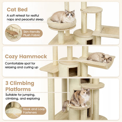 68 Inch Wooden Cat Tree with 3-Story Condo and Hammock for Kittens