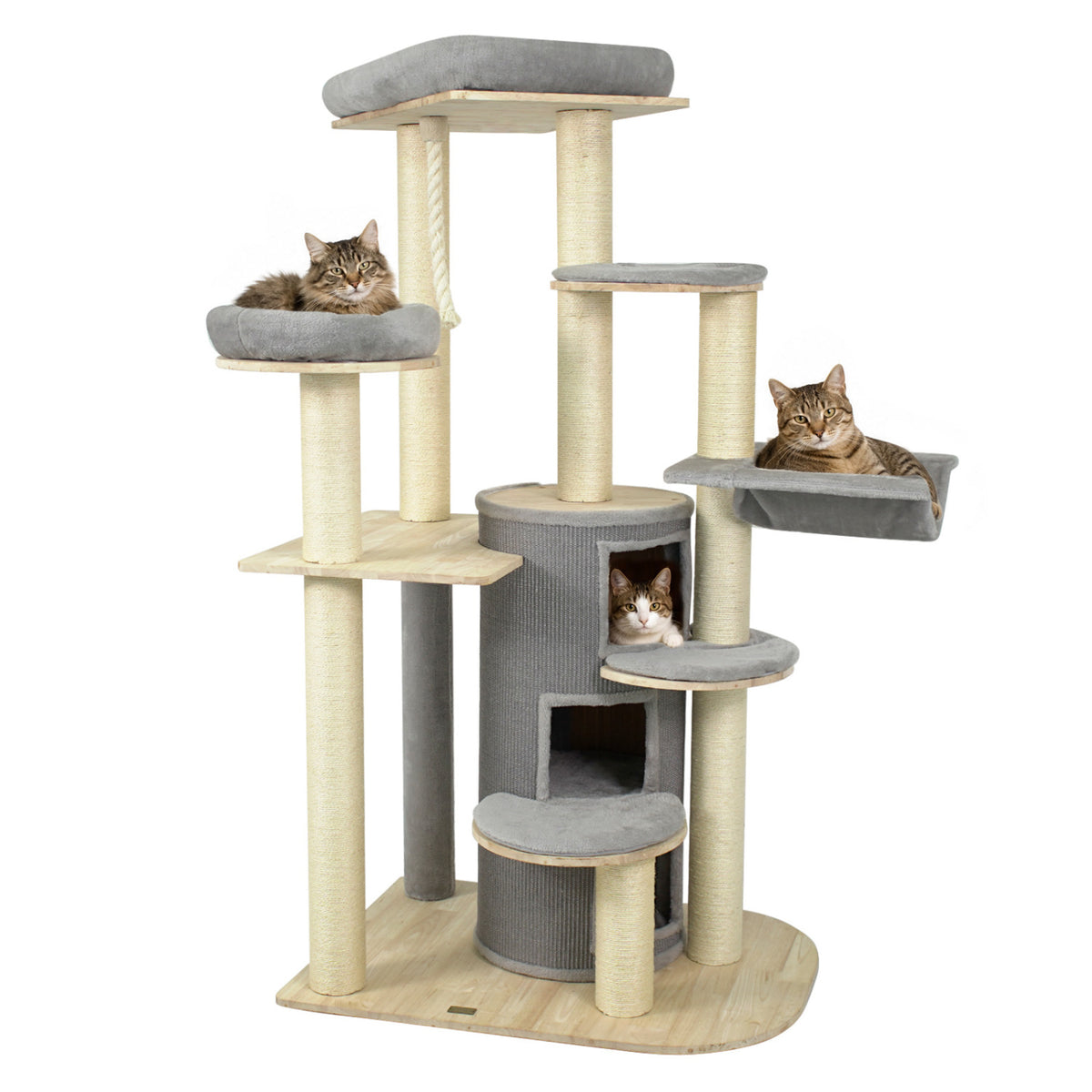 68 Inch Wooden Cat Tree with 3-Story Condo and Hammock for Kittens