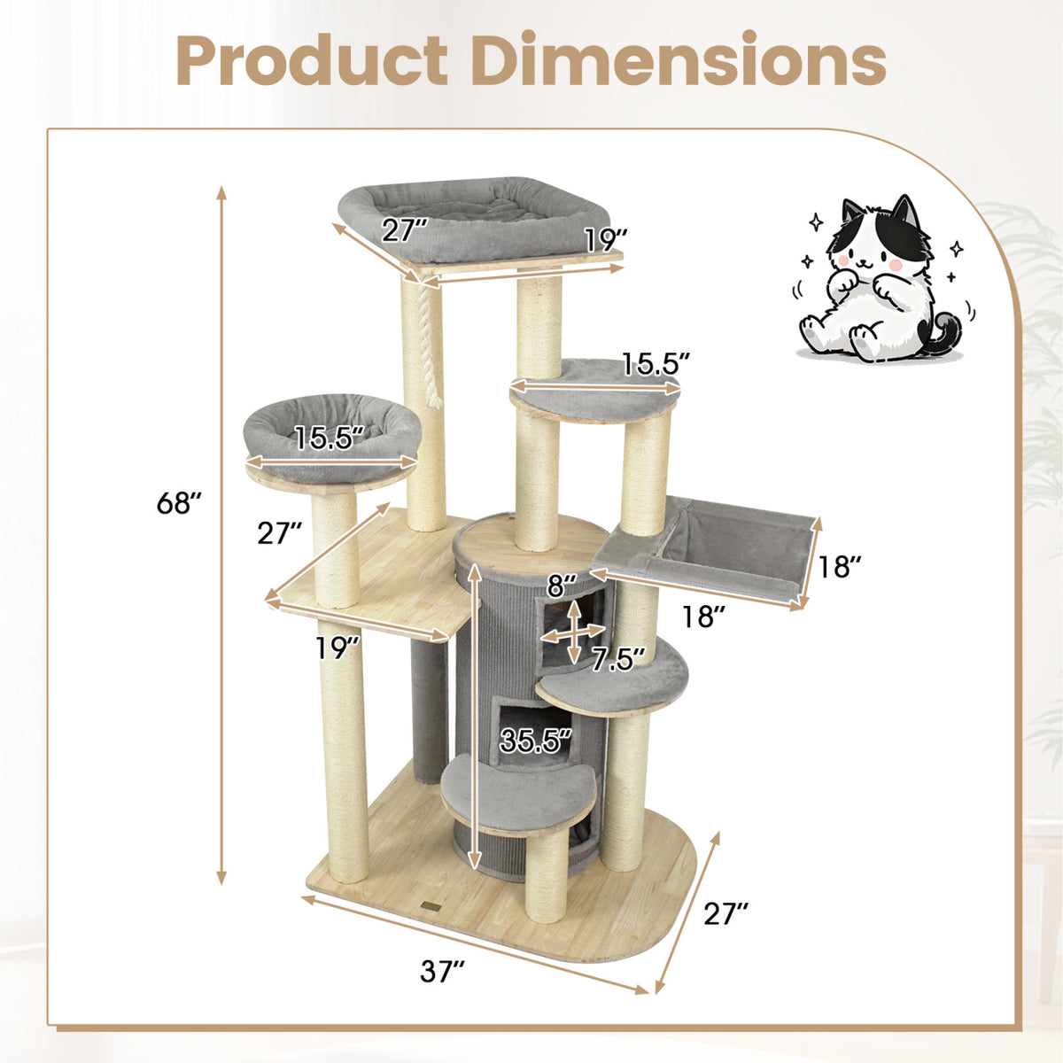 68 Inch Wooden Cat Tree with 3-Story Condo and Hammock for Kittens