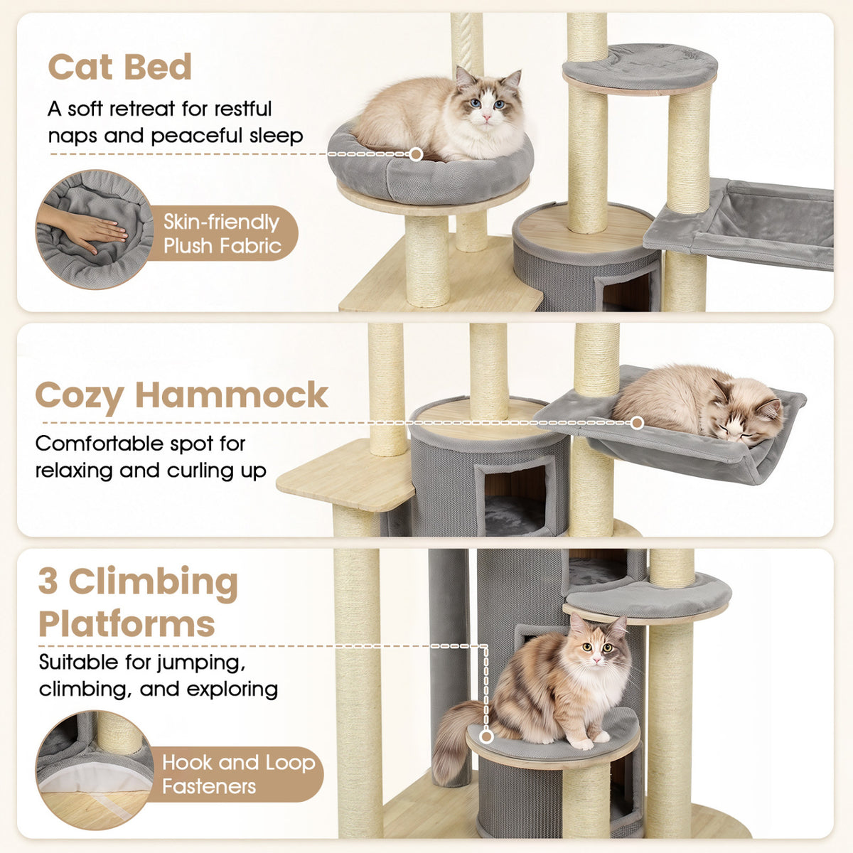68 Inch Wooden Cat Tree with 3-Story Condo and Hammock for Kittens