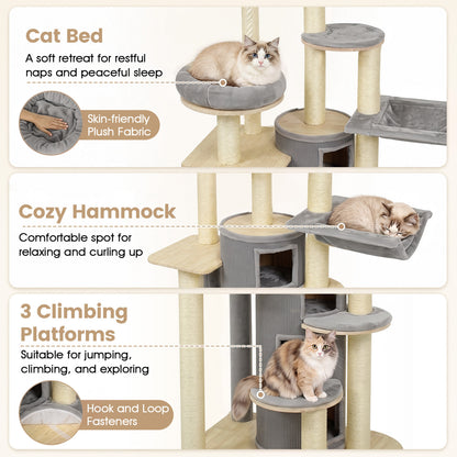 68 Inch Wooden Cat Tree with 3-Story Condo and Hammock for Kittens